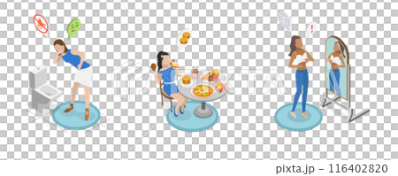 3D Isometric Flat  Illustration of Teenages Eating Disorders, Abnormal Dating Behaviors that Negatively Affect Physical or Mental Health 116402820