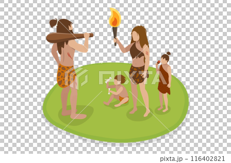 3D Isometric Flat Illustration of Caveman Family, Primitive People in Stone Age 3D Isometric Flat Illustration of Caveman Family, Primitive People in Stone Age 116402821