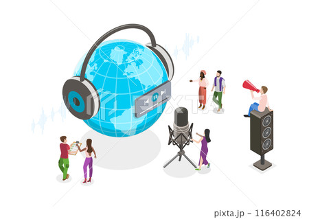 3D Isometric Flat  Illustration of Podcast Broadcast, Sound Recording, Global Telecommunication 116402824