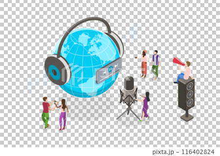 3D Isometric Flat  Illustration of Podcast Broadcast, Sound Recording, Global Telecommunication 116402824