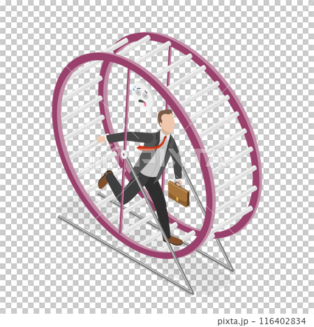 3D Isometric Flat  Illustration of Businessman Running In A Hamster Wheel, Endless Work, Rat Race 116402834