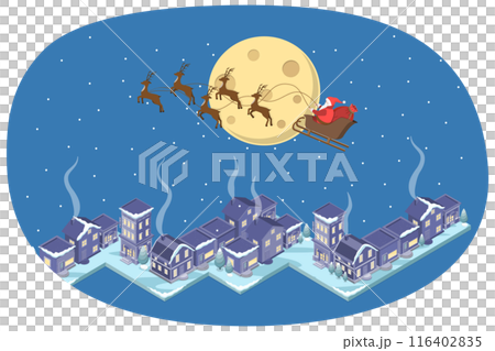 3D Isometric Flat  Illustration of Xmas Holiday, Santa Claus Coming to City on Winter Night 116402835