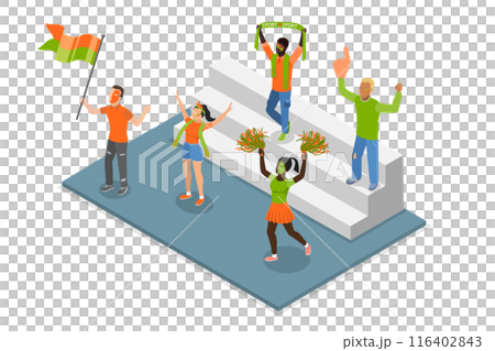 3D Isometric Flat Illustration of Cheerful Soccer Fans, Sport Game Supporters 3D Isometric Flat Illustration of Cheerful Soccer Fans, Sport Game Supporters 116402843