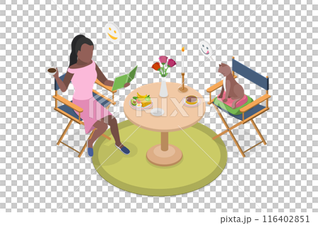 3D Isometric Flat Illustration of Happy Solo Life, Woman Having a Dinner 3D Isometric Flat Illustration of Happy Solo Life, Woman Having a Dinner 116402851