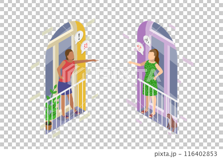 3D Isometric Flat  Illustration of Furious Female Neighbors, Conflict Between Residents of a Building 116402853