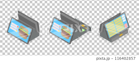 3D Isometric Flat  Illustration of Fast Food Checkout Terminal, Cash Register Computer 116402857