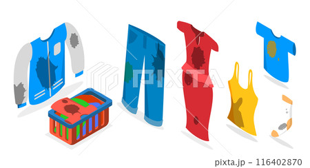 3D Isometric Flat  Set of Dirty Clothes, Apparel with Stains 116402870