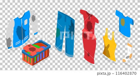 3D Isometric Flat  Set of Dirty Clothes, Apparel with Stains 116402870