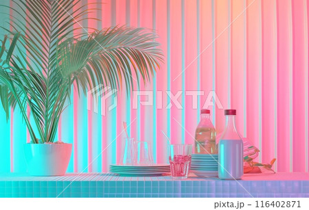 Kitchen podium with palm tree in trendy minimal design. Architecture interior background. 3d render 116402871