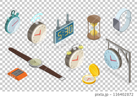 3D Isometric Flat  Set of Clocks, Vintage, Classic and Contemporary 116402872