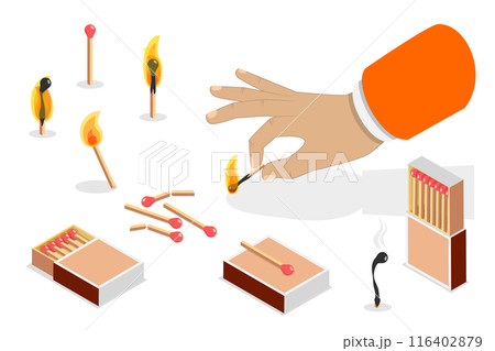 3D Isometric Flat  Illustration of Matchstick Box, Wooden Sticks for Making Bonfire Outdoor 116402879