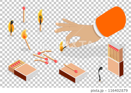 3D Isometric Flat  Illustration of Matchstick Box, Wooden Sticks for Making Bonfire Outdoor 116402879