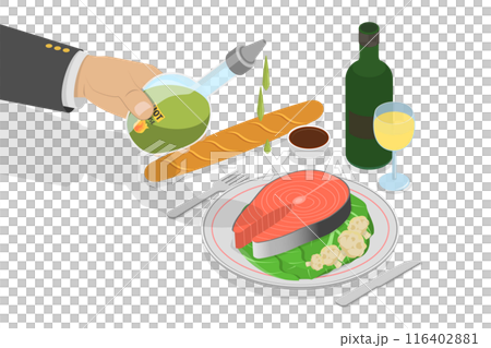 3D Isometric Flat  Illustration of Dish Dressing , Grilled Sea Food with Vegetables 116402881