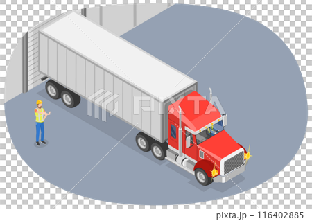 3D Isometric Flat  Illustration of Heavy Vehicle Driving, Semi-trailer Moving Backward 116402885