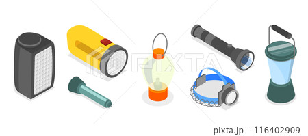 3D Isometric Flat Set of Flashlights, Portable, Hand-held, Pocket and Head electric 3D Isometric Flat Set of Flashlights, Portable, Hand-held, Pocket and Head electric 116402909