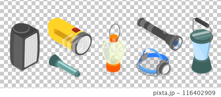 3D Isometric Flat Set of Flashlights, Portable, Hand-held, Pocket and Head electric 3D Isometric Flat Set of Flashlights, Portable, Hand-held, Pocket and Head electric 116402909