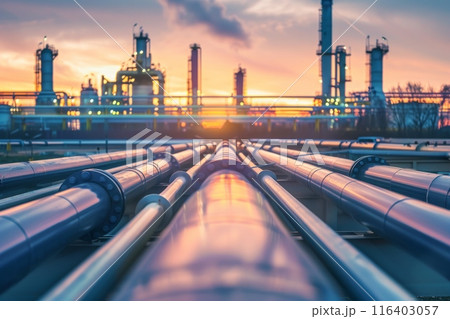 modern oil pipeline with building background, oil storage high tech. 116403057