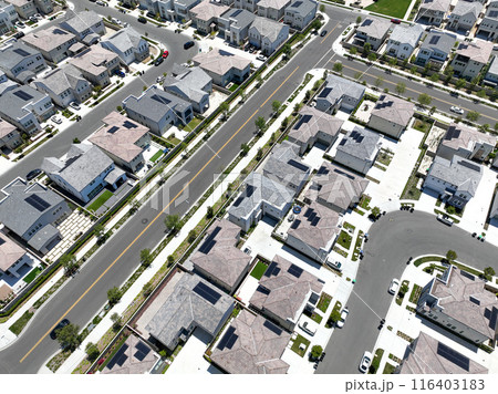 Aerial view of identical condominium houses in Lake Forest, California 116403183