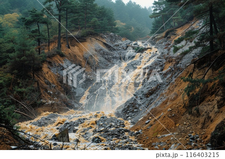 Mudslide with Flowing Water in Forest 116403215