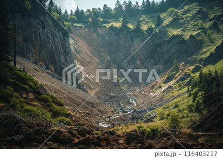 Mountainous Landslide with Exposed Rock Layers 116403217