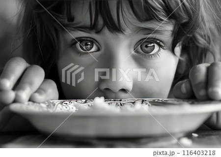 Child's Intense Gaze Over Dinner Plate 116403218