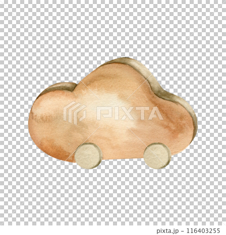 Watercolor wooden toy for little children, brown boho wooden cloud illustration. Toy for baby in wheels, eco friendly playing, minimalism, scandi style. For room postern, decor, baby shower invitation Watercolor wooden toy for little children, brown boho wooden cloud illustration. Toy for baby in wheels, eco friendly playing, minimalism, scandi style. For room postern, decor, baby shower invitation 116403255