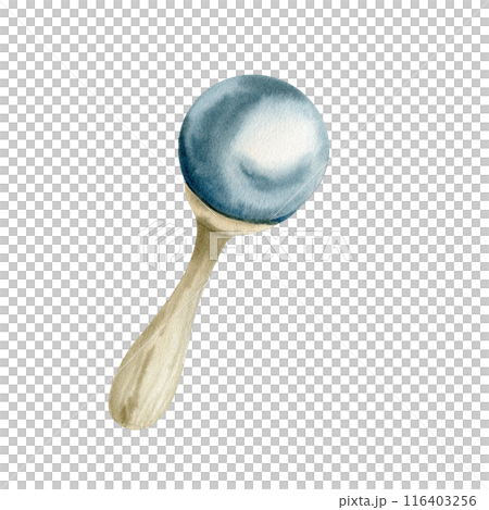 New born baby wooden rattle watercolor illustration. Hand drawn blue vintage newborn toy, playing tool painting for poster, card, invitation, birthday party baby shower design New born baby wooden rattle watercolor illustration. Hand drawn blue vintage newborn toy, playing tool painting for poster, card, invitation, birthday party baby shower design 116403256