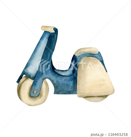 Baby kids wooden toy blue scooter watercolor illustration. Hand drawn children play tool, blue bike with wheels, vintage car for room poster, invitation, card design, textile decor Baby kids wooden toy blue scooter watercolor illustration. Hand drawn children play tool, blue bike with wheels, vintage car for room poster, invitation, card design, textile decor 116403258