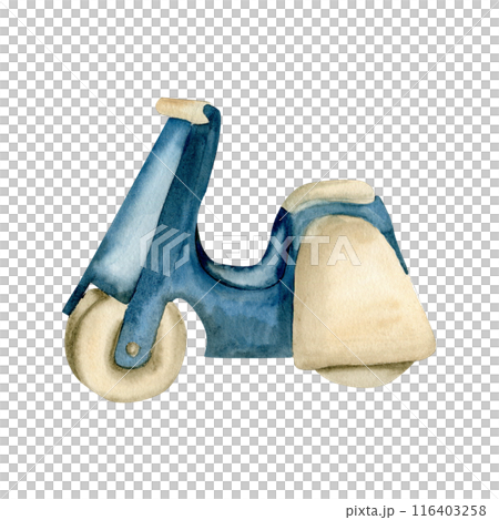 Baby kids wooden toy blue scooter watercolor illustration. Hand drawn children play tool, blue bike with wheels, vintage car for room poster, invitation, card design, textile decor Baby kids wooden toy blue scooter watercolor illustration. Hand drawn children play tool, blue bike with wheels, vintage car for room poster, invitation, card design, textile decor 116403258