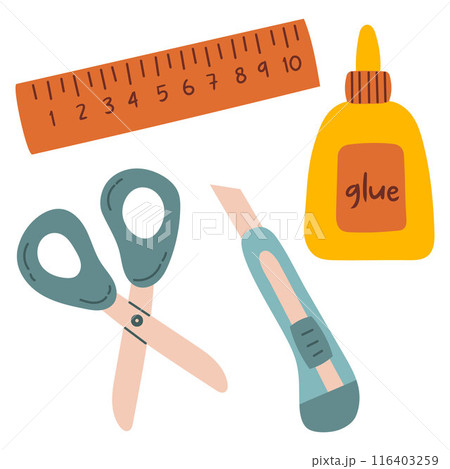 Cute flat stationery set. Scissors, ruler, box cutter, glue. Back to school. Trendy modern vector illustration, isolated on white, hand drawn Cute flat stationery set. Scissors, ruler, box cutter, glue. Back to school. Trendy modern vector illustration, isolated on white, hand drawn 116403259
