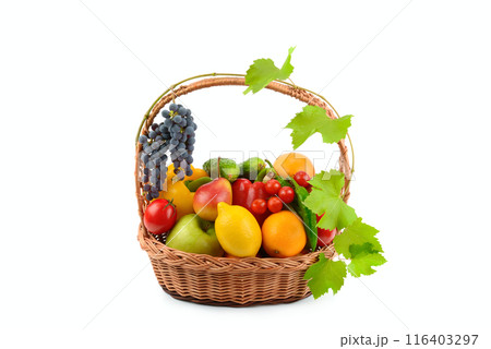 Set of vegetables in wicker basket isolated on white. 116403297