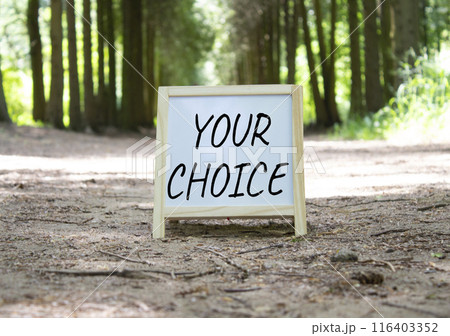 Your Choice symbol. Concept words Your Choice on white chalk background. Beautiful forest background. Business and Your Choice concept. Copy space. 116403352