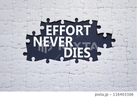 Effort never dies symbol. Concept words Effort never dies on white puzzle. Beautiful deep blue background. Business and Effort never dies concept. Copy space. Effort never dies symbol. Concept words Effort never dies on white puzzle. Beautiful deep blue background. Business and Effort never dies concept. Copy space. 116403386