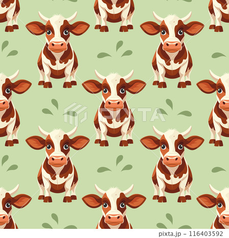 Seamless pattern, cute spotted cows with flowers on a white background. Farm animal background. Print, textile Seamless pattern, cute spotted cows with flowers on a white background. Farm animal background. Print, textile 116403592