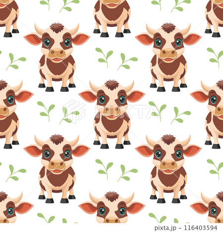 Seamless pattern, cute spotted cows with flowers on a white background. Farm animal background. Print, textile Seamless pattern, cute spotted cows with flowers on a white background. Farm animal background. Print, textile 116403594