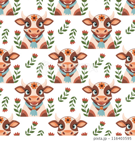 Seamless pattern, cute spotted cows with flowers on a white background. Farm animal background. Print, textile Seamless pattern, cute spotted cows with flowers on a white background. Farm animal background. Print, textile 116403595