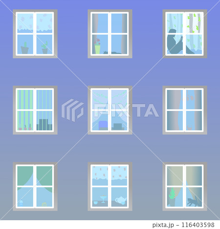 Illustration of the window of an apartment building where you can see residents cats curtains flowers and other household items standing not far from the window. Vector illustration the wall of a 116403598