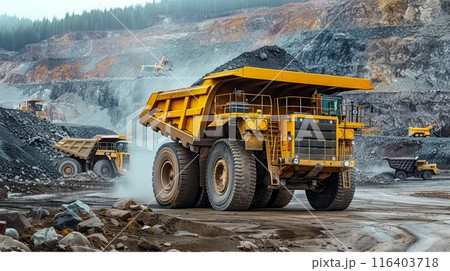 The industrial site at the openpit mine is bustling with yellow mining trucks and heavy machinery on a sunny day 116403718