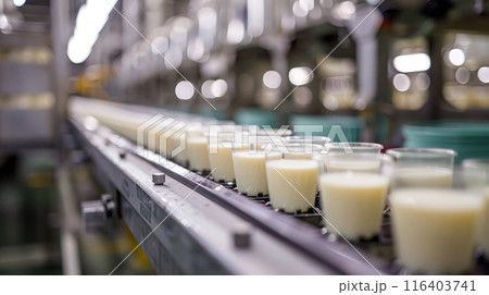 A modern dairy production line in an industrial factory with bottles of milk showcasing the efficiency of the process 116403741