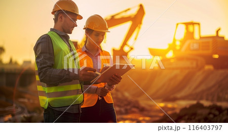 Female Inspector Talking to Male Land Development Manager On Construction Site Of Real Estate Project 116403797