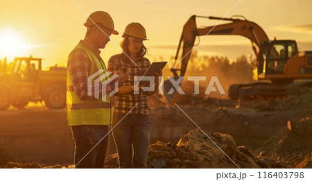Female Inspector Talking to Male Land Development Manager On Construction Site Of Real Estate Project 116403798