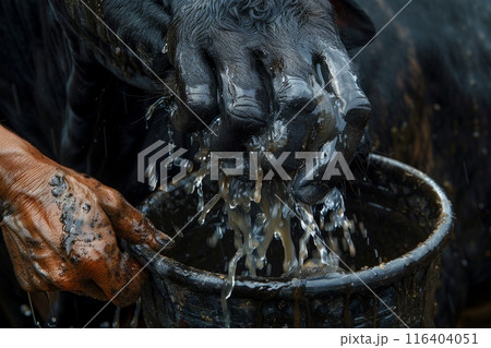 milkmaid standing outdoors, washing their hands in a bucket filled with water. 116404051