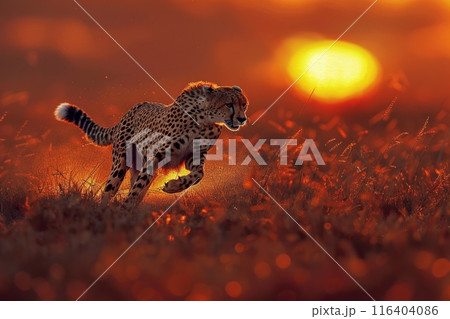 majestic cheetah races through a vast field, its slender body cutting through the air as the sun dips below the horizon, casting a warm glow over the breathtaking scene. majestic cheetah races through a vast field, its slender body cutting through the air as the sun dips below the horizon, casting a warm glow over the breathtaking scene. 116404086