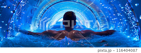 man sits in the center of a vibrant blue tunnel, lost in thought and contemplation. man sits in the center of a vibrant blue tunnel, lost in thought and contemplation. 116404087