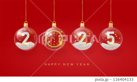 2025 Happy New Year in red. 2025 Golden metal number in glass bauble, decoration. Realistic 3d render metallic sign. Xmas Poster, banner, cover card, brochure flyer, layout design 2025 Happy New Year in red. 2025 Golden metal number in glass bauble, decoration. Realistic 3d render metallic sign. Xmas Poster, banner, cover card, brochure flyer, layout design 116404133