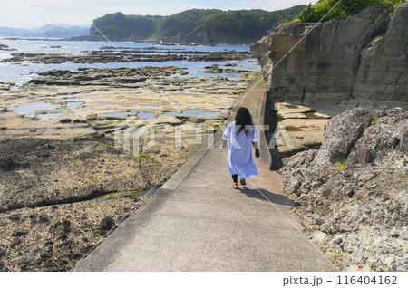 (静岡県)伊豆下田・恵比須島の歩道を歩く女性の後ろ姿 (静岡県)伊豆下田・恵比須島の歩道を歩く女性の後ろ姿 116404162