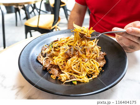 Udon Street Food on Fork Closeup, Chinese Fried Noodles, Beef Spaghetti with Vegetables in Hand Udon Street Food on Fork Closeup, Chinese Fried Noodles, Beef Spaghetti with Vegetables in Hand 116404175