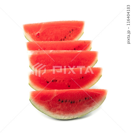 Watermelon pieces isolated. Water melon wedges pile, chopped Citrullus lanatus, red wassermelone cuts group Watermelon pieces isolated. Water melon wedges pile, chopped Citrullus lanatus, red wassermelone cuts group 116404183