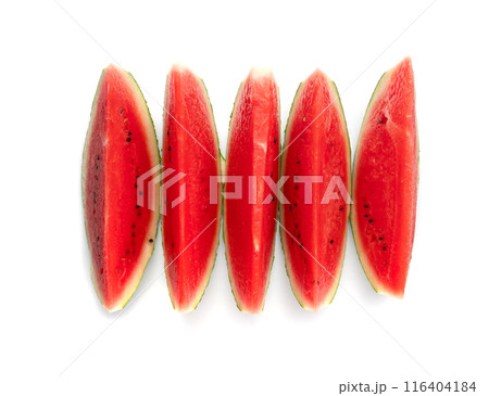 Watermelon pieces isolated. Water melon wedges pile, chopped Citrullus lanatus, red wassermelone cuts group Watermelon pieces isolated. Water melon wedges pile, chopped Citrullus lanatus, red wassermelone cuts group 116404184