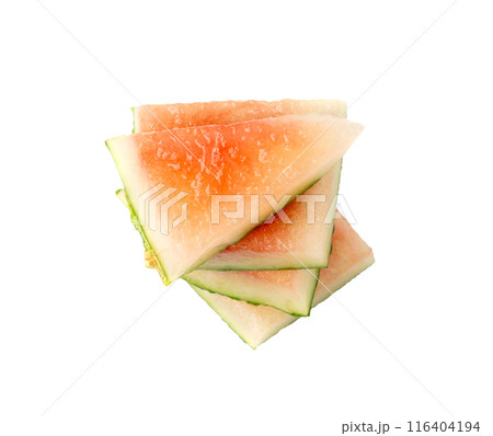 Watermelon pieces isolated. Water melon wedges pile, chopped Citrullus lanatus, red wassermelone cuts group 116404194